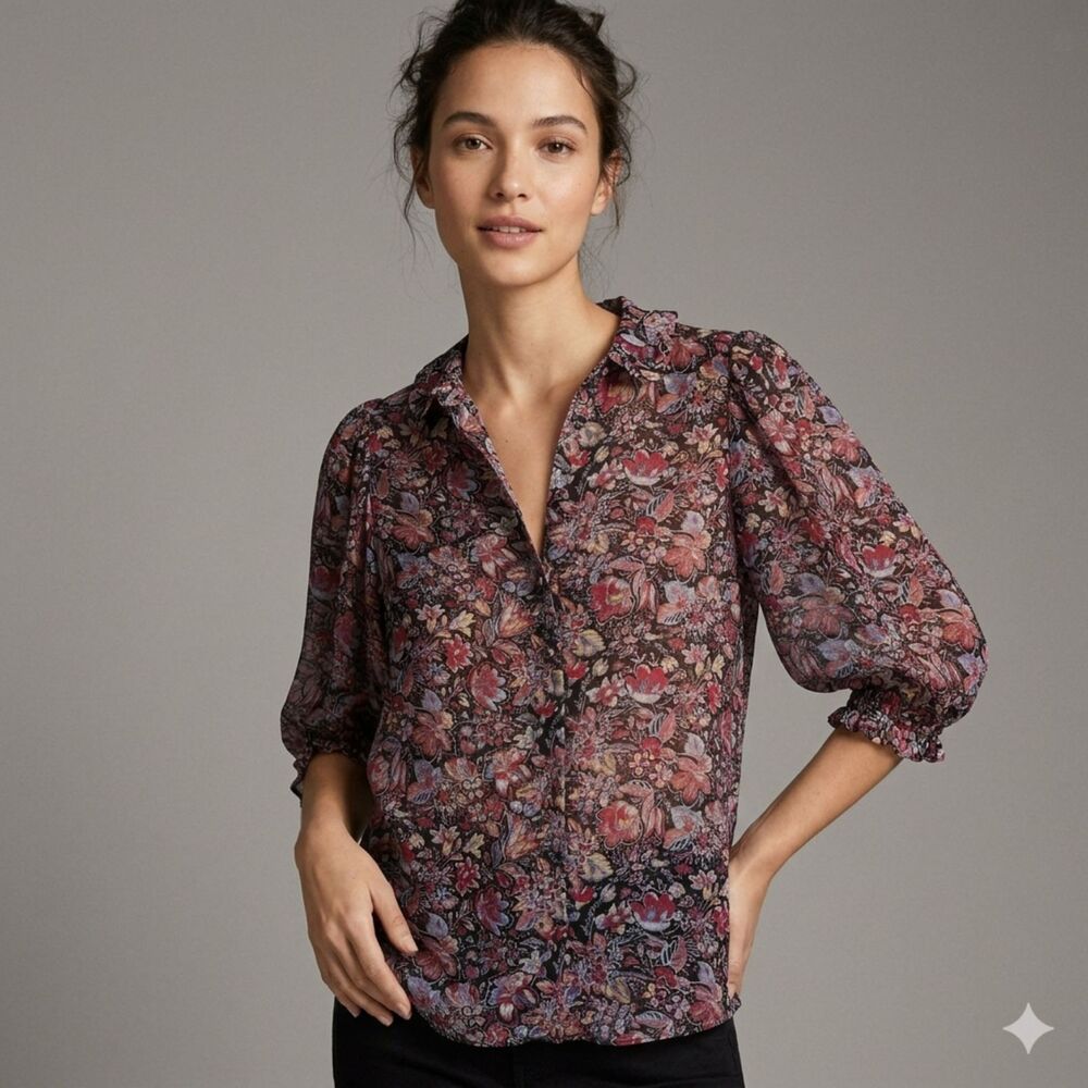 Zara-SMALL-Woman Floral Puff Sleeve Button-Down Blouse - Sheer Chiffon Top